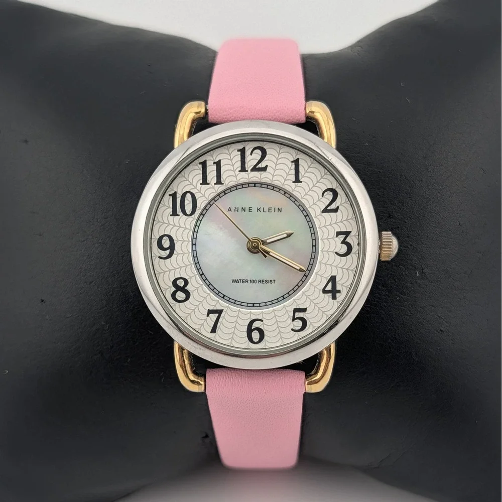 Anne‎ Klein Womens Watch MOP Spider Web Dial Pink Strap Two Tone 100FT WR